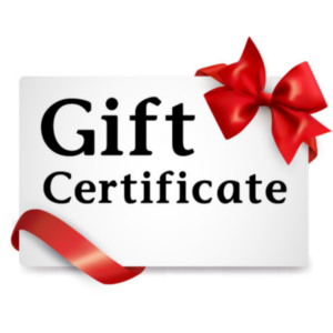 A gift certificate with a red bow and ribbon.