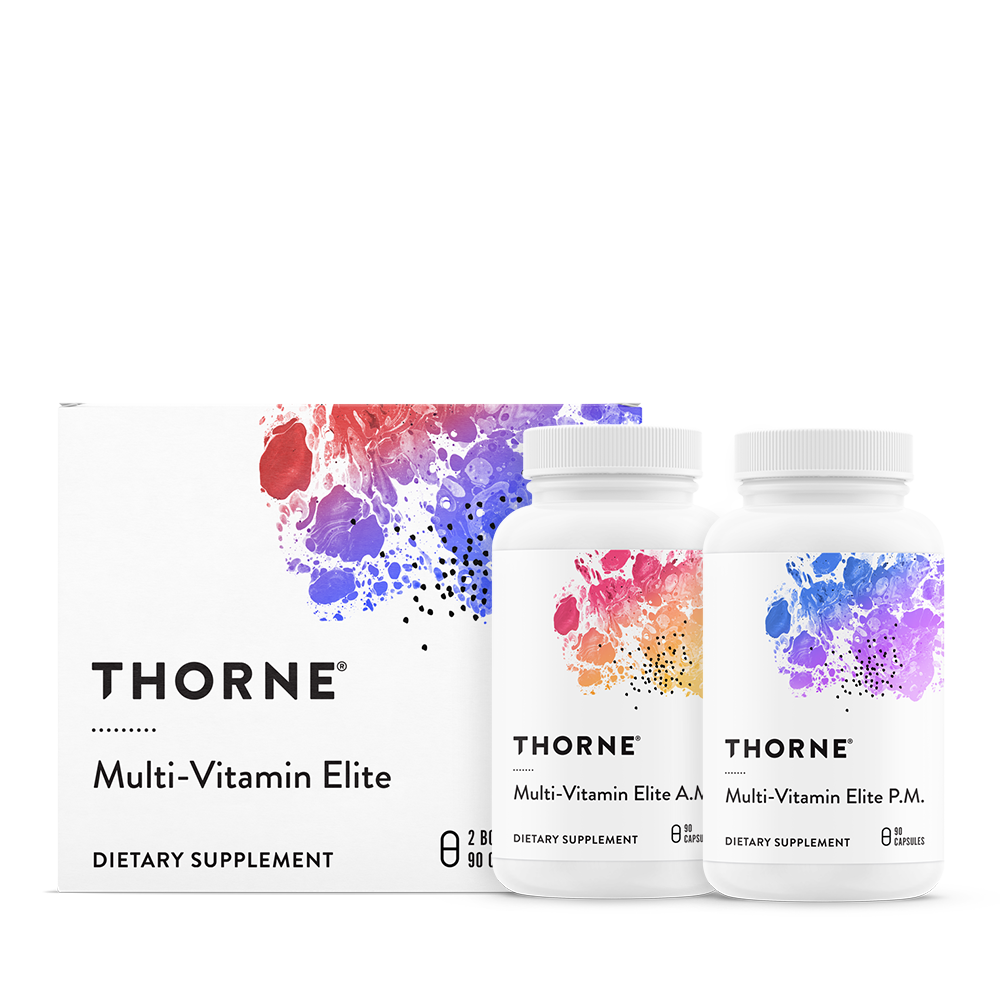 A box of thorne multi-vitamin elite with two bottles.