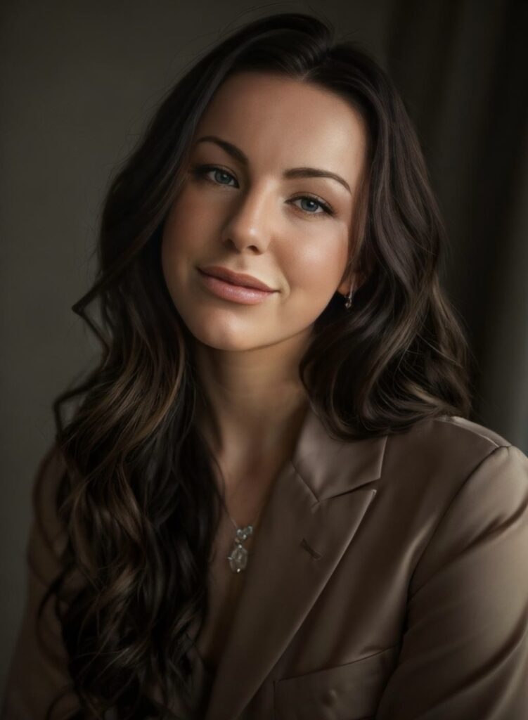 Woman with long brown hair in a brown jacket.